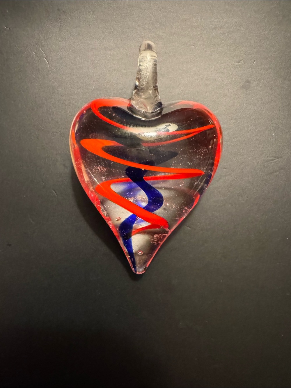 Handmade Art Glass Heart Pendant Red Cobalt Blue Swirl 2”